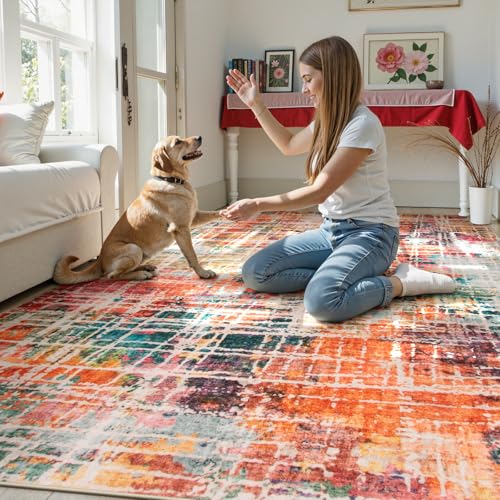 Beeiva 6x9 Multicolor Washable Non-Slip Area Rug - Modern Abstract Low Pile Carpet for Living Room and Bedroom