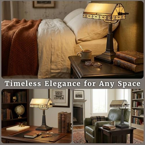 16-Inch Tiffany Style Bankers Desk Lamp with Stained Glass Shade - Vintage LED