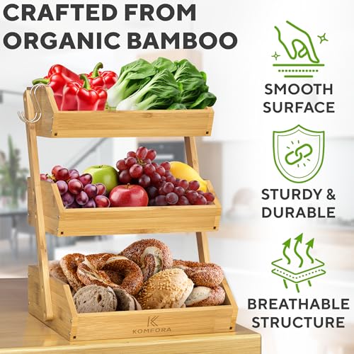 Bamboo 3-Tier Fruit Basket for Kitchen Countertop Storage - Natural & Spacious