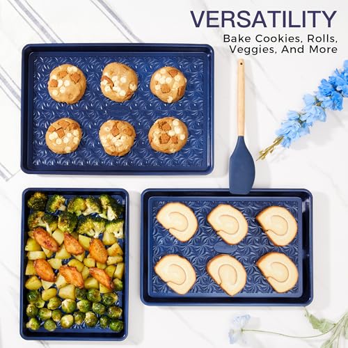 Nonstick Baking Sheet Pan Set of 3 with Floral Swirl Design - Blue, Starlight Variation