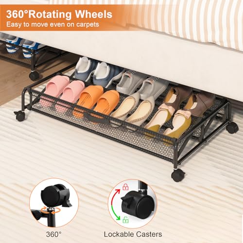 KOSIWU 2 Pack Under Bed Shoe Storage Containers with Wheels & Breathable Mesh