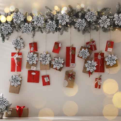 5.7 Inch Artificial Poinsettias Christmas Glitter Flowers with Clips Xmas Tree Flower Ornament Poinsettias Decor (Black and White Buffalo with Silver Petals,12 Pieces)