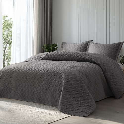 Oversized King Quilt Set with Basket Weave Pattern - Grey, 120x120 Inches - Lightweight Bedspread & Pillow Shams