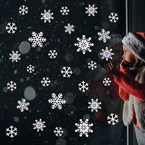 pinkblume 72pcs Iridescent White 3D Snowflake Wall Stickers Holographic Snowflakes Wall Decals for Winter Wonderland Christmas Frozen Nursery Xmas Showcase Window Wall Art Decor