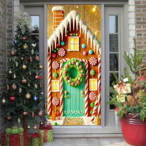 Christmas Door Cover Christmas Gingerbread House Hanging Banner Candy Gingerman Backdrop Front Door Porch Sign Photography Background Winter Xmas New Year 35x71 £¨Banner, Not a Real Wreath£©
