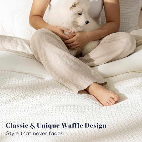 PHF Cream King Size Waffle Weave Comforter Set with 2 Pillow Shams - Ultra Soft All-Season Bedding