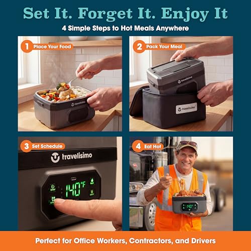TRAVELISIMO Gray Cordless XL Heated Lunch Box 6.8 Cups - Portable Food Warmer