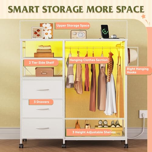WLIVE White LED Dresser with 3 Drawers & Hanging Rack for Bedroom