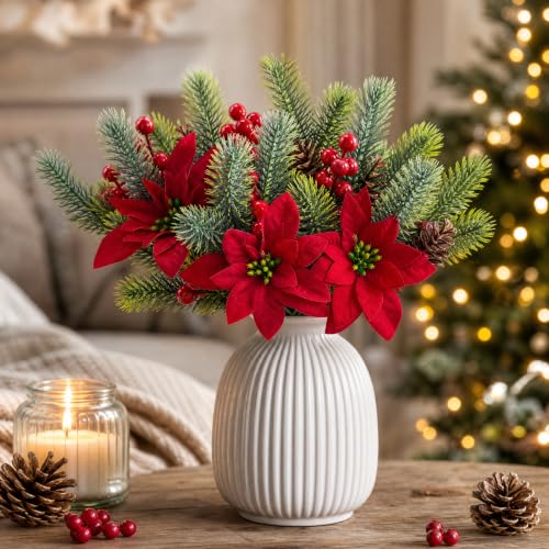 Carfoeny 6Pcs Artificial Poinsettia Christmas Picks with Pine Cones & Red Berries – 13in 4-in-1 Holiday Decor A