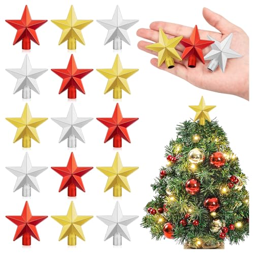 15Pcs Small Christmas Tree Topper, Mini Tree Topper Stars, 2.36 Inch Christmas Red Gold Silver Star Trees Top for Xmas Holiday Trees Ornament Home Decor