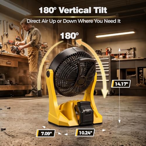 MakeTips Portable DeWalt 20V Max Battery Fan with LED Ring Light - Black & Yellow