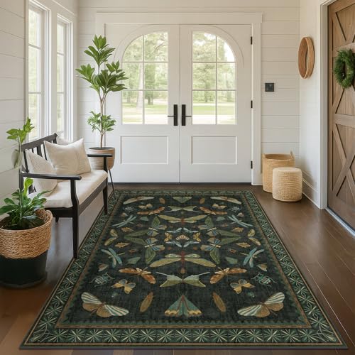 Dark Green Area Rug 5x7 ft for Living Room - Fairy Moss Boho Insect Décor, Washable, Non-Slip