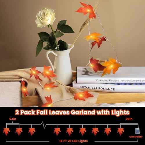 Fall Leaf Garland with Lights Decorations: 2 Pack Thanksgiving Fall String Lights Battery Operated Total 20 FT 40 LED Lamp Bead 40 Leaves Porch Home Indoor Outdoor Harvest Festival Wreath Fall Decor