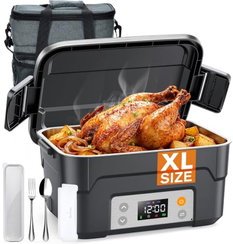 XL 1.5L Cordless Heated Lunch Box for Men - Black-Silver, 220°F
