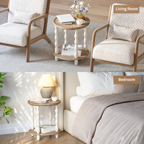 Karlott 18.5-Inch Round 2-Tier Farmhouse Side Table - Beige, Vintage Finish