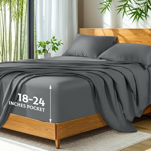 SONORO KATE Bamboo Rayon Bed Sheets Set - Dark Grey King, Deep Pocket, 4-Piece