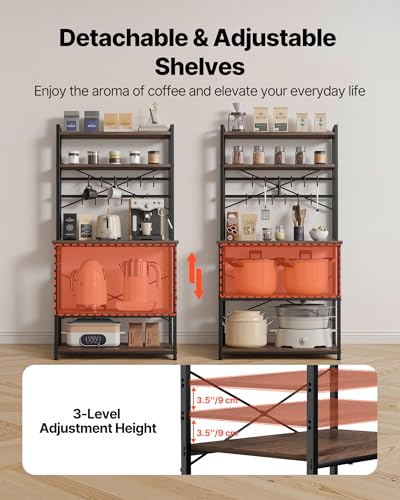 VEVOR 31.5 x 15.7 x 63.7 Inch Walnut Finish Kitchen Baker Rack with Hooks