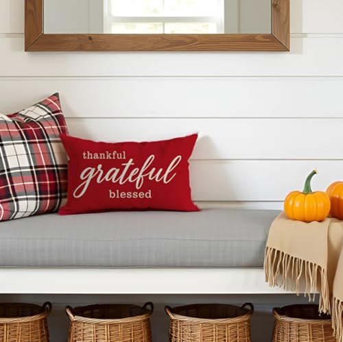 PANDICORN 12x20 Crimson Red Decorative Throw Pillow Cover - Thankful Farmhouse Style