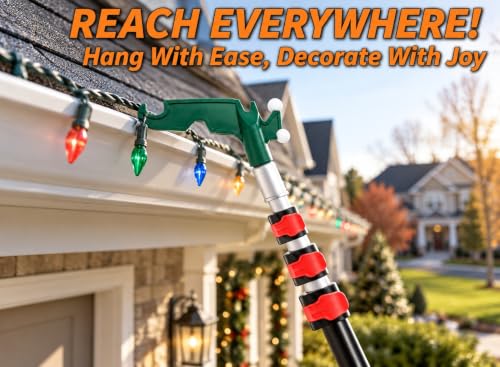 KINGPOUL 18ft Telescoping Christmas Light Extension Pole with Utility Hooks