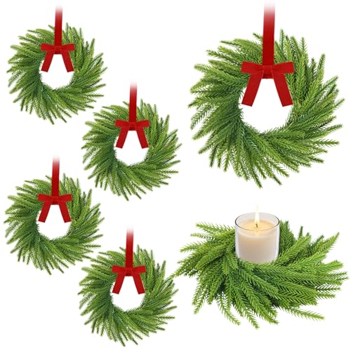 Norfolk Pine Wreaths - 6pcs Mini Christmas Kitchen Cabinet Wreaths, 7.9"