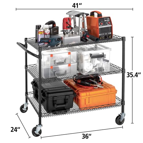 Heavy Duty 3-Tier Wire Utility Cart - 36"L x 24"W x 35.4"H, Black, NSF