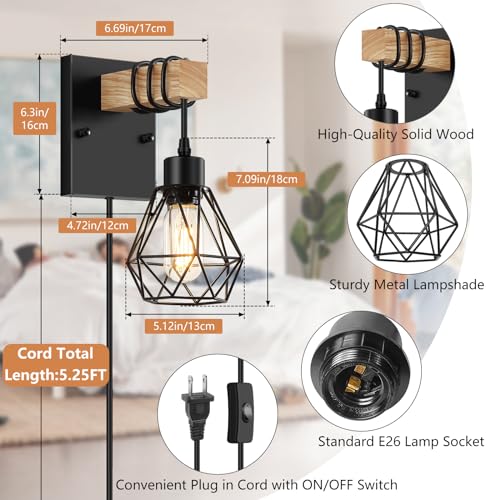 Black Vintage Wall Sconces Set of Two — Wood & Metal Farmhouse Indoor Lighting