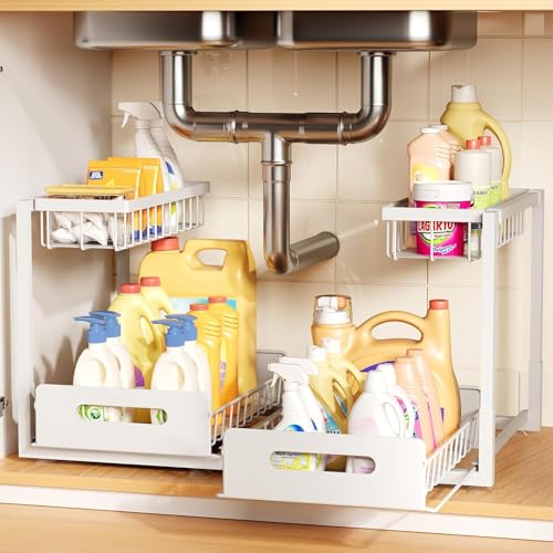 Under Kitchen Sink Organizer 2-Pack - Metal Pull-Out Cabinet Shelves with Sliding Drawers - White