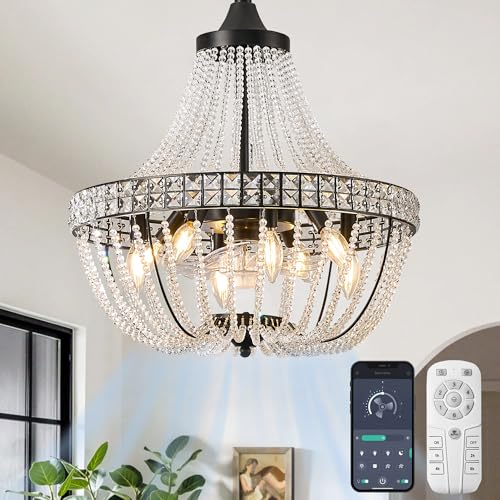 20-Inch Boho Ceiling Fan with Crystal Beads, Black Modern Decor