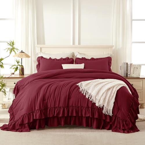 Burgundy Ruffle Comforter Set Queen Size - 3 Pieces