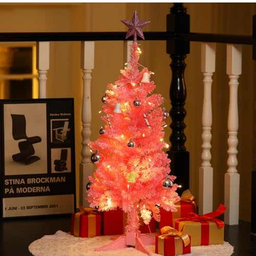 Nakolulu 3ft Pink Mini Christmas Tree with 50 LED Lights, 160 Tips, Hinged Branches & Detachable Stand - Pink Christmas Tree