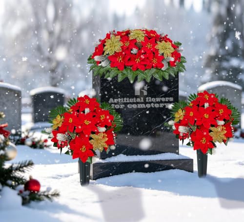Red Poinsettia Cemetery Flowers 3-Piece Set for Grave Memorials