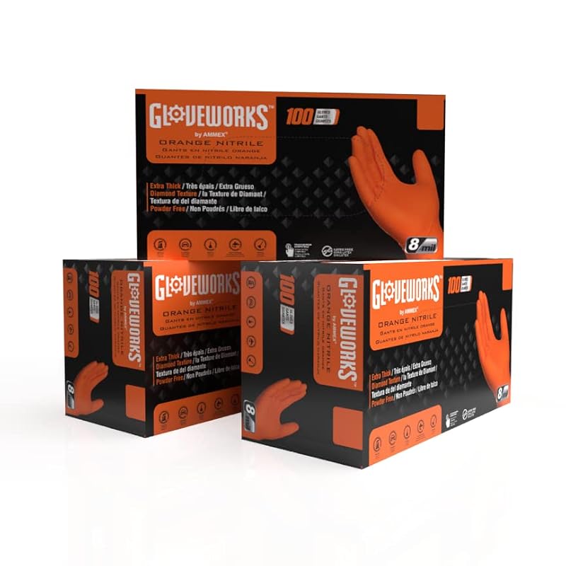 GLOVEWORKS Nitrile Disposable Gloves Orange XL 8 Mil - 300 Pack