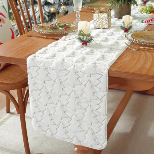 Christmas Tree Table Runner, 90 Inches Long Plush Gold Sequin Glitter Table Runners for Dining/Parties/Holiday Decorations (White, 13" x 90", Table Runner)