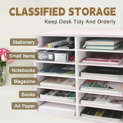 SONGWAY 12-Slot Desk Paper Organizer with Adjustable Shelves, Mail Sorter, Classroom Office Storage, White