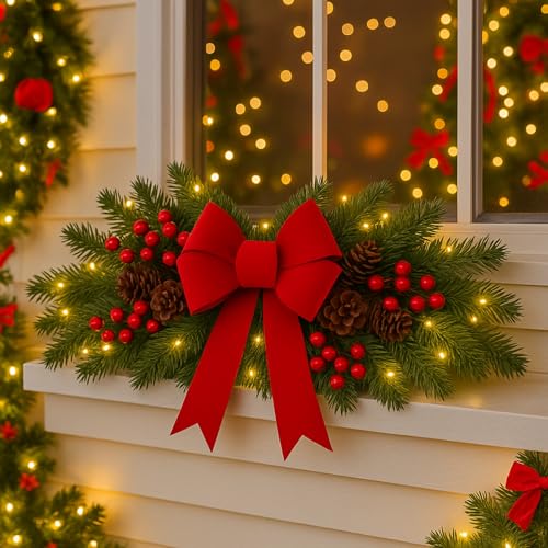 Yalikop 24.5 Inch Christmas Swag with Lights, Red Bow & Berry Decoration