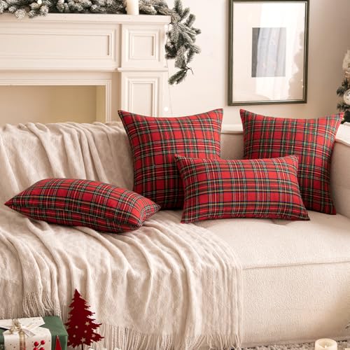 Woaboy Christmas Set of 2 Scottish Tartan Throw Pillow Covers Farmhouse Classic Plaid Decorative Couch Pillows Home Decor for Sofa Living Room Bed 18x18 Inch, Red