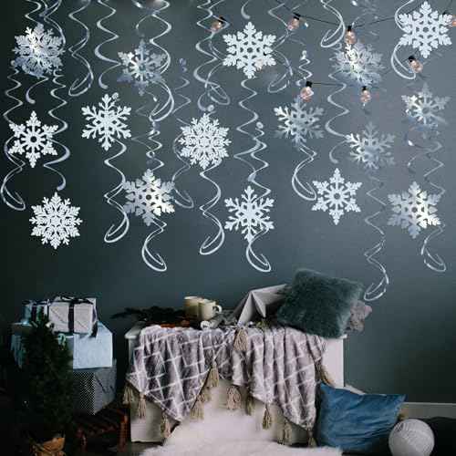 32 Pcs Snowflake Hanging Swirls Party Decoration - Christmas Winter Wonderland Ceiling Decor White Silver Snowflake Ornaments Garland for Winter Holiday Party Decorative Frozen Theme Party Supplies