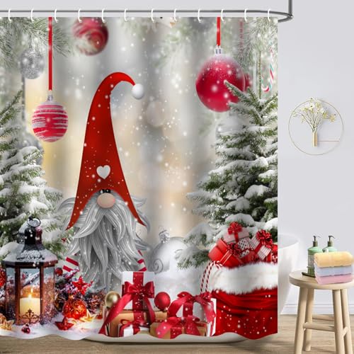 Christmas Shower Curtain, Gnome Shower Curtain Set, Winter Shower Curtains for Bathroom, Lovely Cute Sprite Bathroom Shower Curtain Sets, Shower Curtains Bathroom Decor 72x72 inch