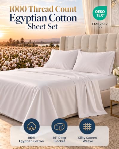 Twin XL Egyptian Cotton Sheets 1000 Thread Count - White, Silky-Smooth