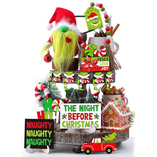 GlikCeil 18-Piece Christmas Tiered Tray Decor Set with Gnome Signs - Rustic Holiday Home Decor