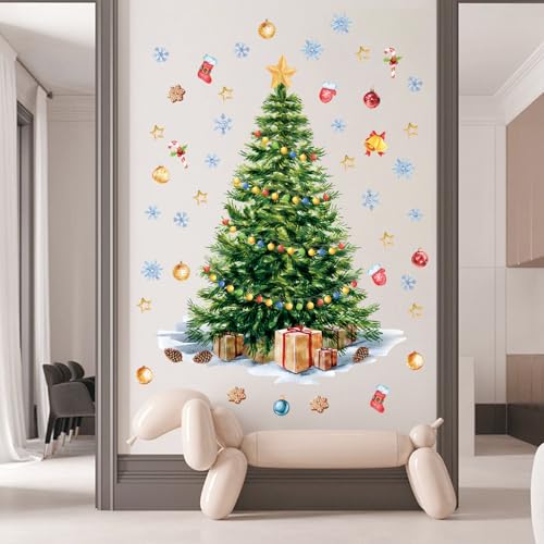 72pcs Large Christmas Tree Decals Removable Step 2 My First Christmas Tree Wall Decal Xmas Balls Snowflake Ornaments Flat Xmas Trees Window Clings Christmas Trees Decal Gift for Nursery Classroom