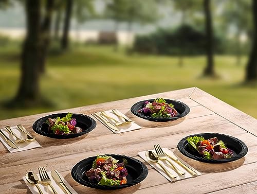 9 Inch Black Plastic Dinner Plates Set - Bulk Pack of 200 Disposable Plates