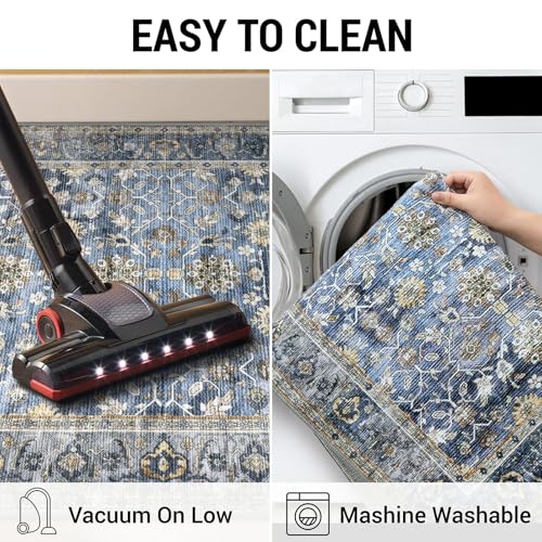 KUTA Vintage Washable Long Runner Rug 2.6x12 ft Blue Grey Beige Non-Slip for Hallways