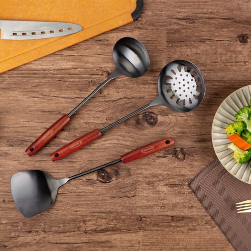 FJNATINH 3-Piece Black Stainless Steel Wok Spatula and Ladle Set, 17-inch Kitchen Utensils