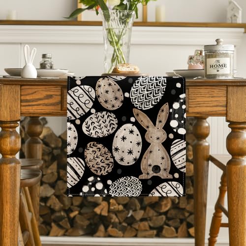 Artoid Mode Bunny Rabbit Egg Flowers Easter Table Runner 13x60 Inch Black Seasonal Decor