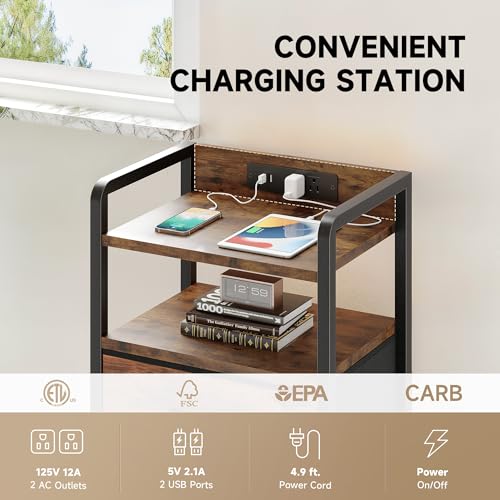Lazzanto Rustic Brown Nightstand with 4 Drawers, Rear Charging Station & LED Light