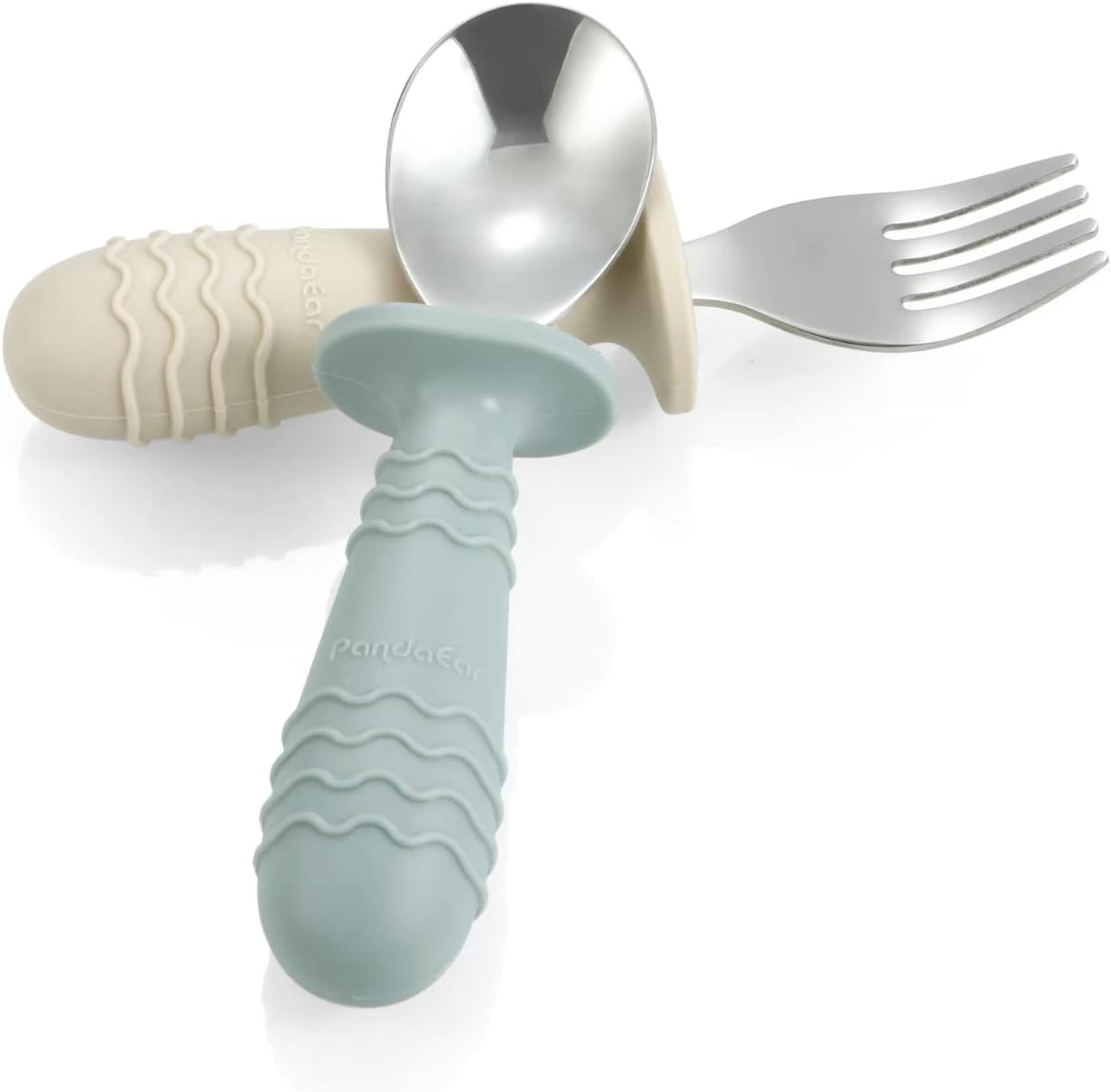 PandaEar Baby Toddler Utensils Set - 6-Piece Silicone & Stainless Steel Silverware | BPA-Free, Anti-Choke Design (Blue, Pink, White)