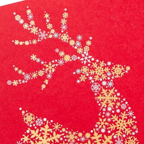 Snowflake Reindeer Christmas Cards with Envelopes 10-Pack - Gold Reindeer on Red