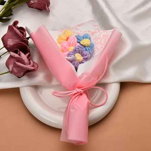 Mini Crochet Flowers Bouquet Kit for Girls Birthday Gifts for Daughter Friends Handmade Knitted Eternal Puff Flower Bouquet Pink Artificial Flowers Home Decor Decorations for Graduation Motehrs Day