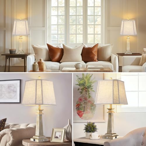 Antique White Farmhouse Table Lamps Set of 2 - 27.5" Dimmable Touch Lamps with USB Charging Ports